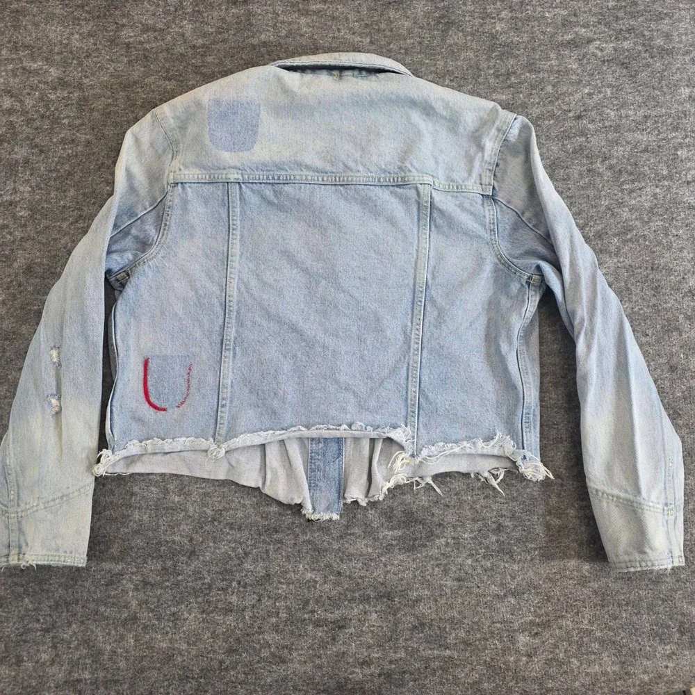 Free People Dillon Jacket Womens Medium Blue Denim Distressed Frayed Raw‎ Hem - Picture 8 of 16
